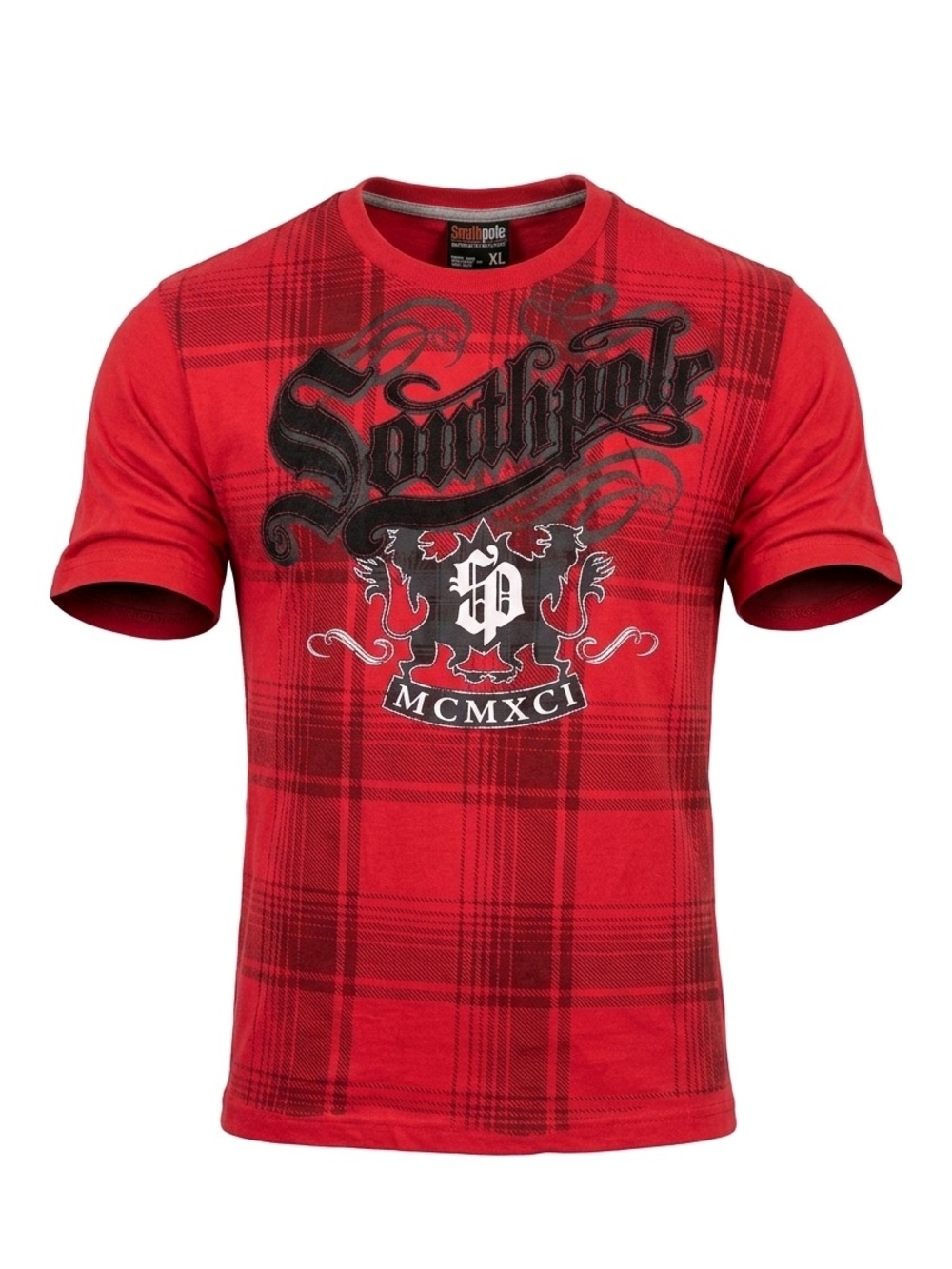 Y2K Vintage South Pole Red Plaid Graphic Crest Short Sleeve Tee SIze XL